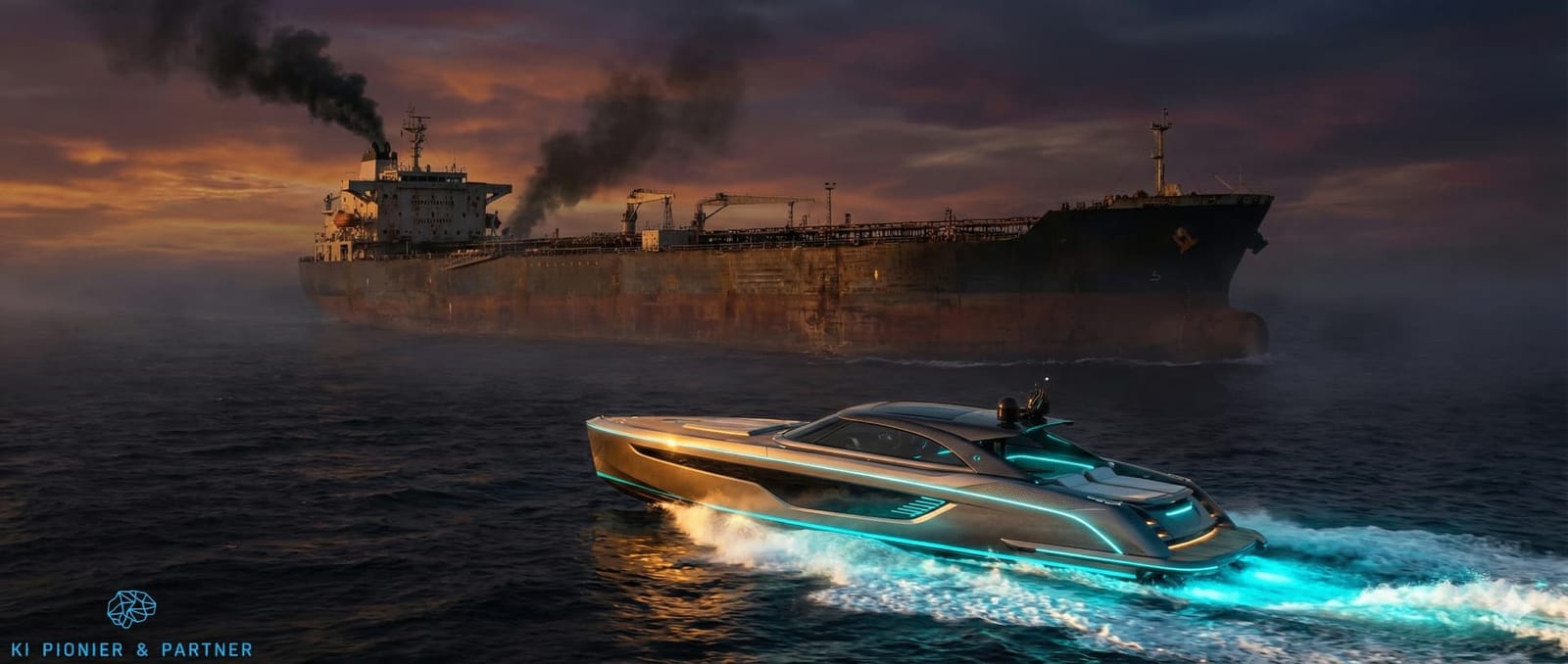 Metapher für agile Softwareentwicklung: Schnelle futuristische Yacht überholt langsamen Tanker – Mittelstand mit KI vs. schwerfällige Konzern-IT